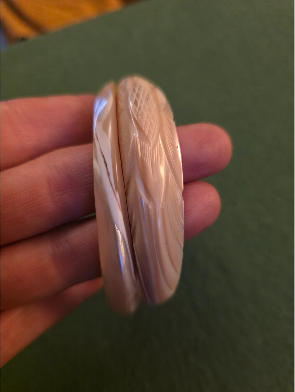 Set of 2 Vintage Pinctada Mother of Pearl Shell Bangle Bracelets – One Carved